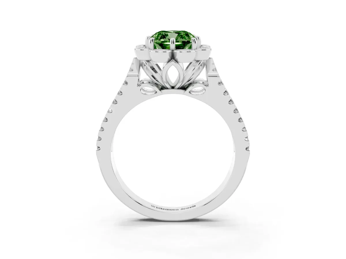 Fancy Green Cushion Cut Halo Diamond Floral Split Shank Engagement Ring Silver