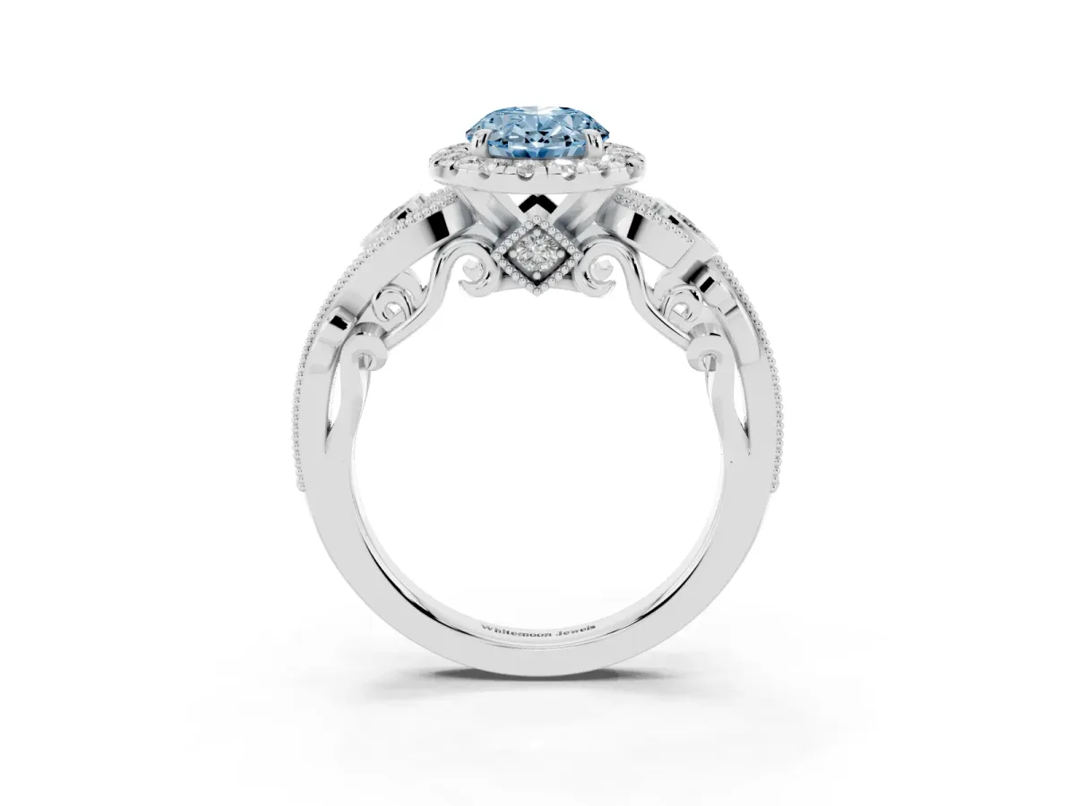 Fancy Blue Oval Cut Halo Diamond Ring with Milgrain and Bezel Accents on a Split Shank Band White gold
