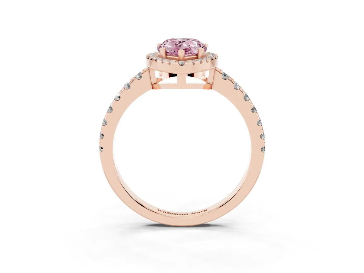 Fancy Pink Pear Cut Diamond Halo Ring with Pavé Band and Four-Prong Setting Rose gold