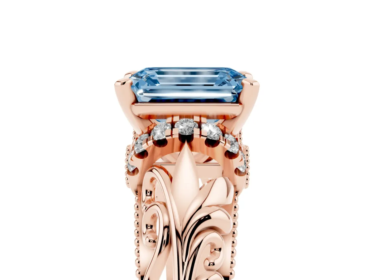 Fancy Blue Emerald Cut Solitaire Filigree Engagement Ring with Halo and Prong Setting Rose gold