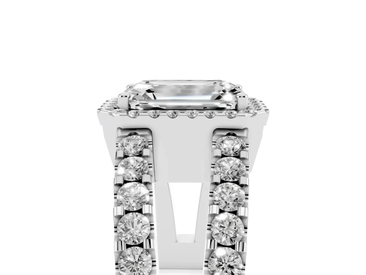 Emerald Cut Cut Halo Split Shank Diamond Ring with Four-Prong Setting Platinum