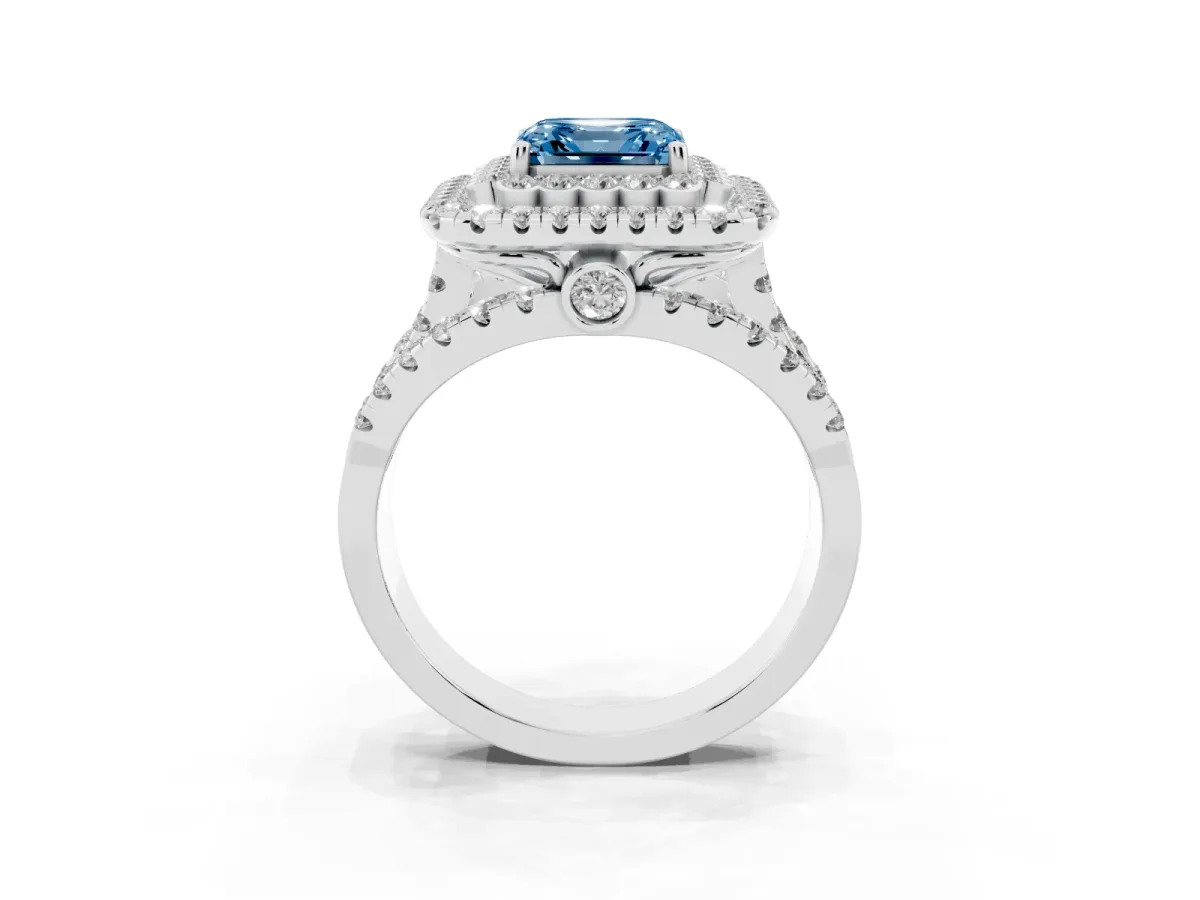 Fancy Blue Asscher Cut Diamond Double Halo Ring with Round Pavé Split Shank and Prong Setting Silver