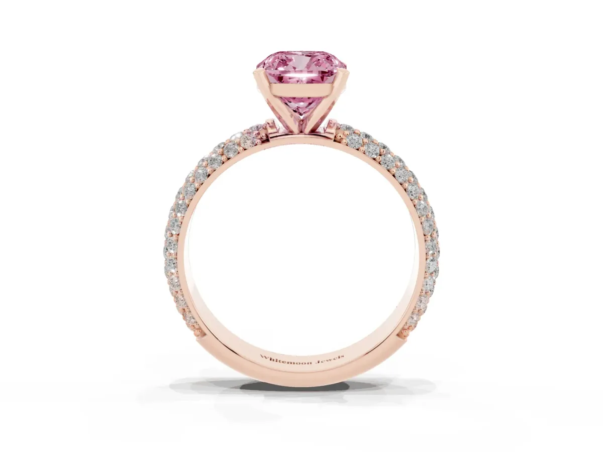 Fancy Pink Cushion Cut Diamond Solitaire Ring with Prong Setting and Pavé Band Rose gold