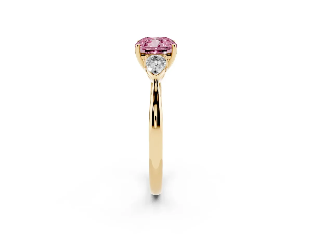 Fancy Pink Cushion Cut Diamond Three-Stone Ring with Pear Side Stones and Prong Setting Yellow gold