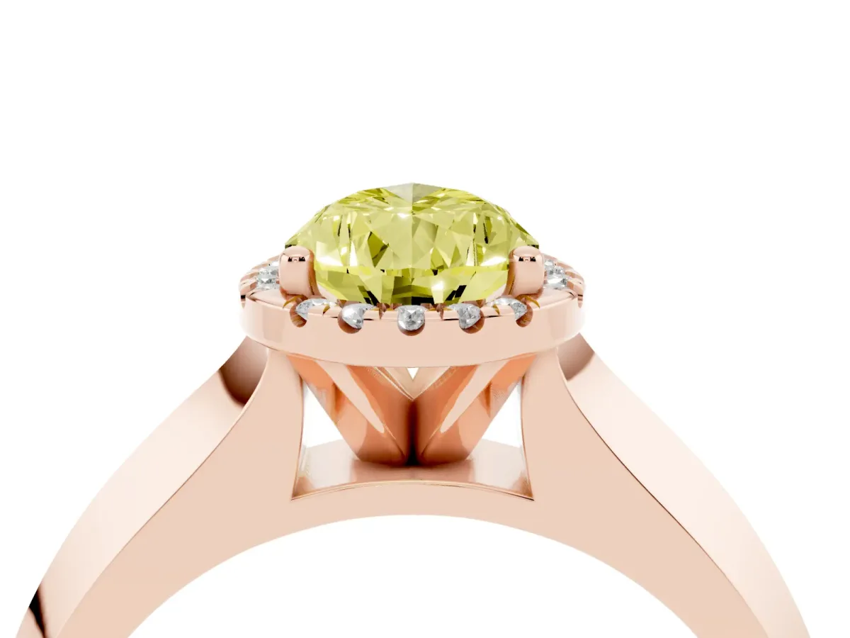 Fancy Yellow Pear Cut Halo Diamond Ring with Cathedral Band and Four-Prong Setting Rose gold