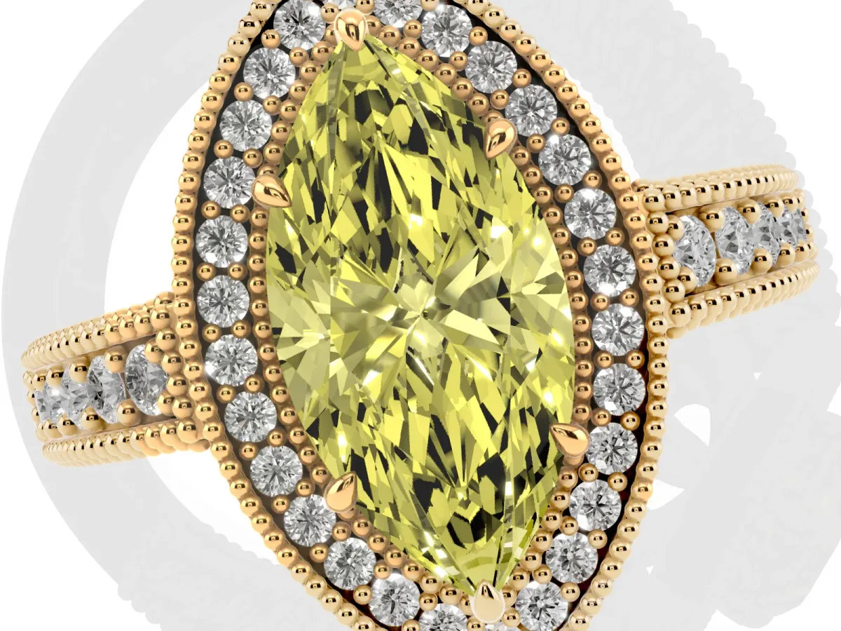 Fancy Yellow Marquise Cut Cut Halo Diamond Ring with Pavé Band and Four-Prong Setting Yellow gold