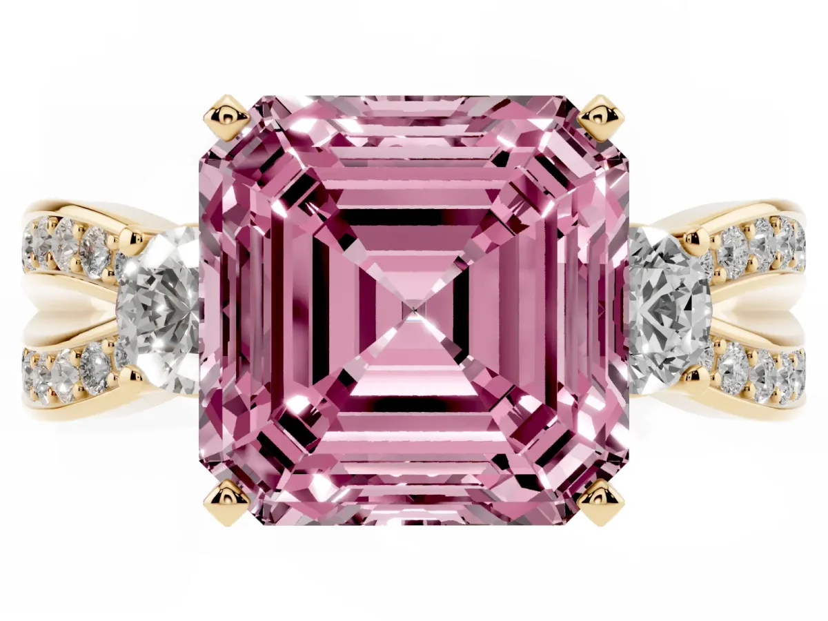 Fancy Pink Three-Stone Asscher Cut Cut Diamond Twist Band with Prong Setting Yellow gold