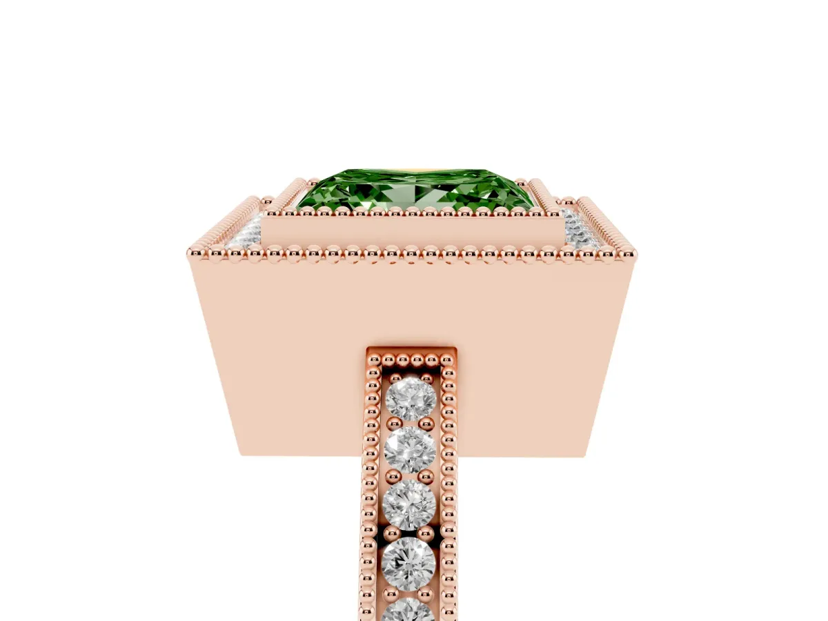 Fancy Green Princess Cut Cut Halo Diamond Ring with Pavé Band and Milgrain Prong Setting Rose gold