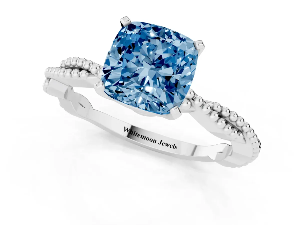 Fancy Blue Cushion Cut Solitaire Twisted Band with Bead Prong Setting Silver