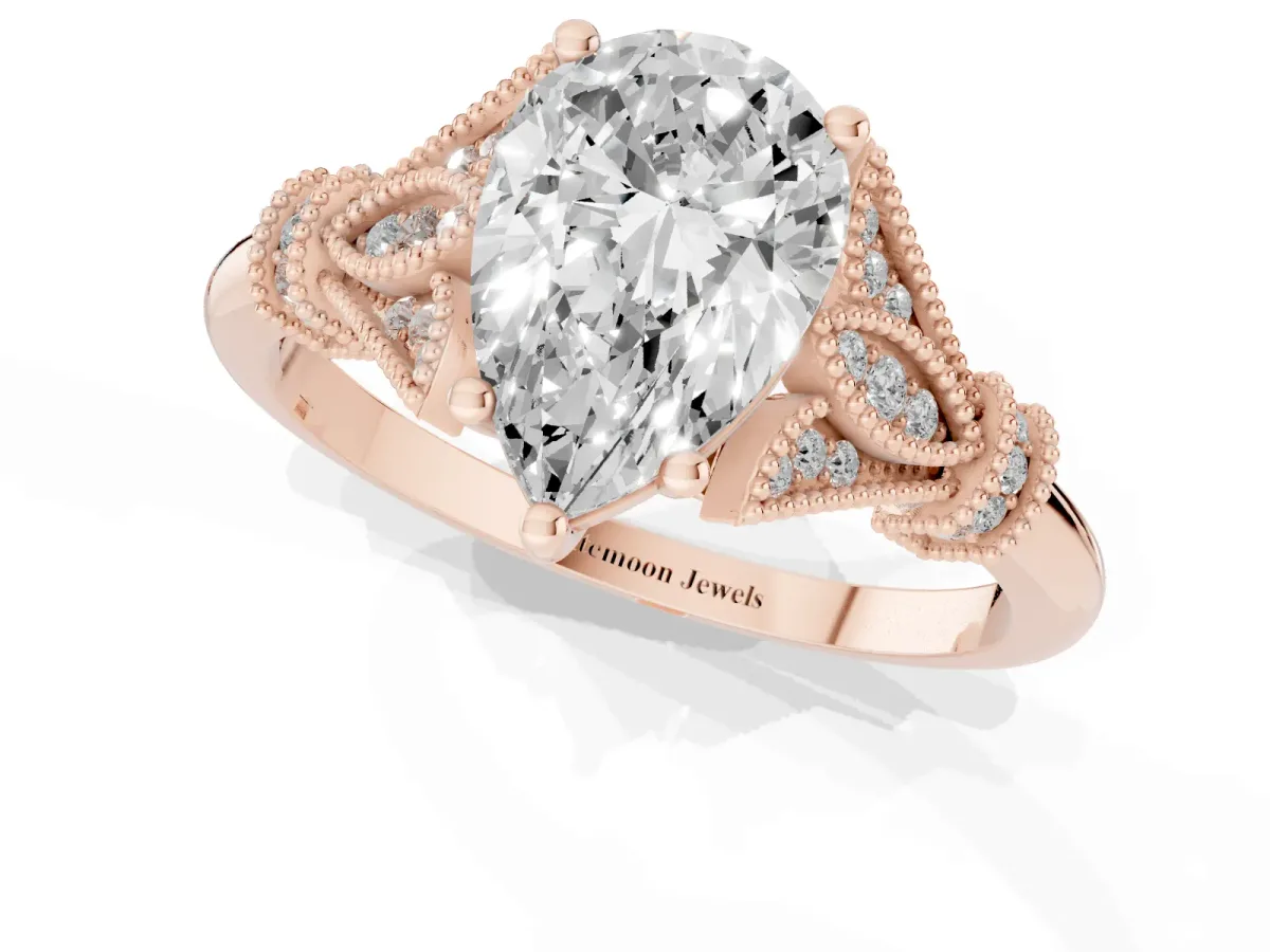Pear Cut Diamond Solitaire Ring with Floral Filigree and Pave Accents Rose gold