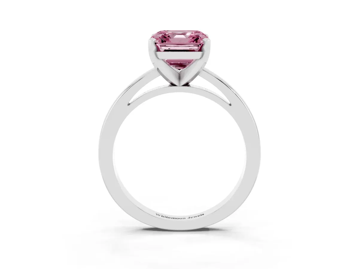Fancy Pink Asscher Cut Solitaire Diamond Engagement Ring with Four-Prong Setting on a Classic Band Platinum