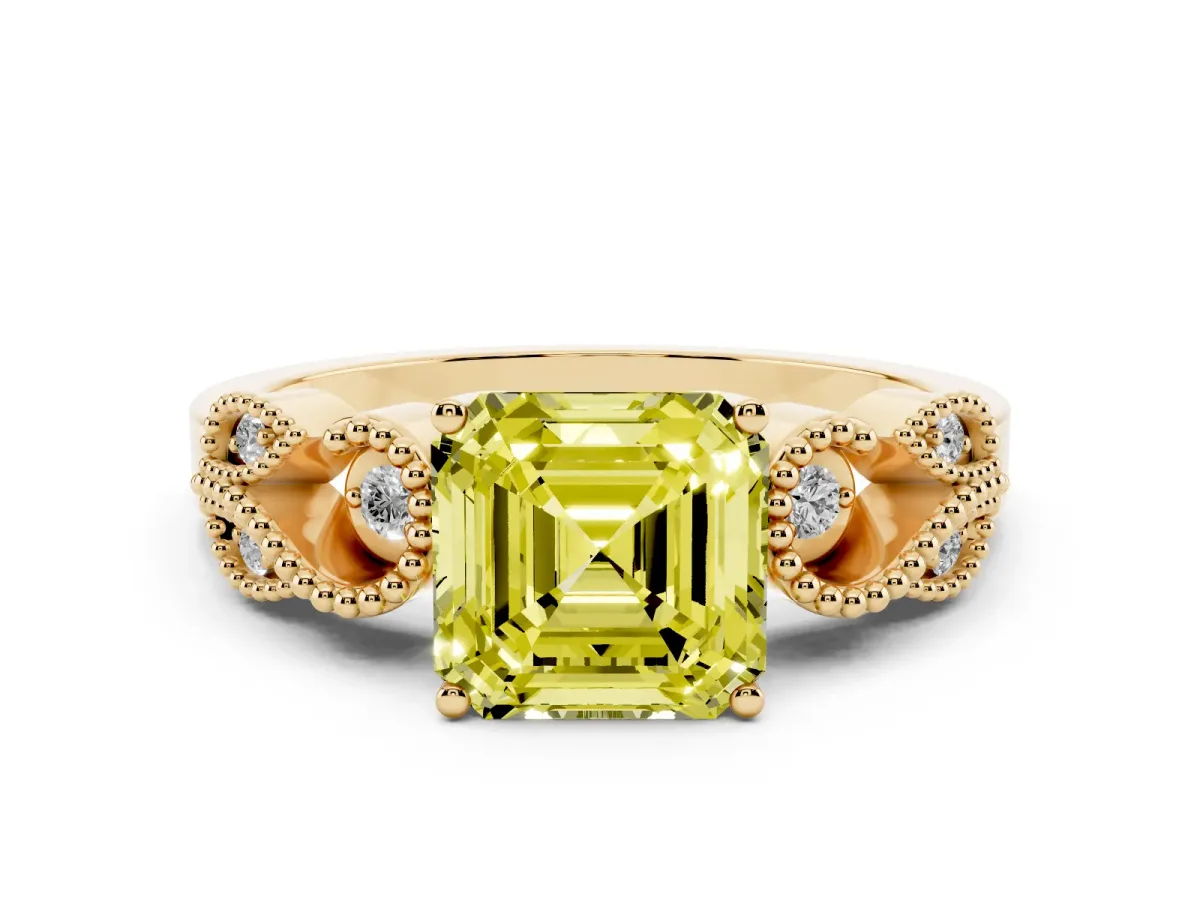 Fancy Yellow Asscher Cut Solitaire Milgrain Leaf Band with Prong Setting Yellow gold
