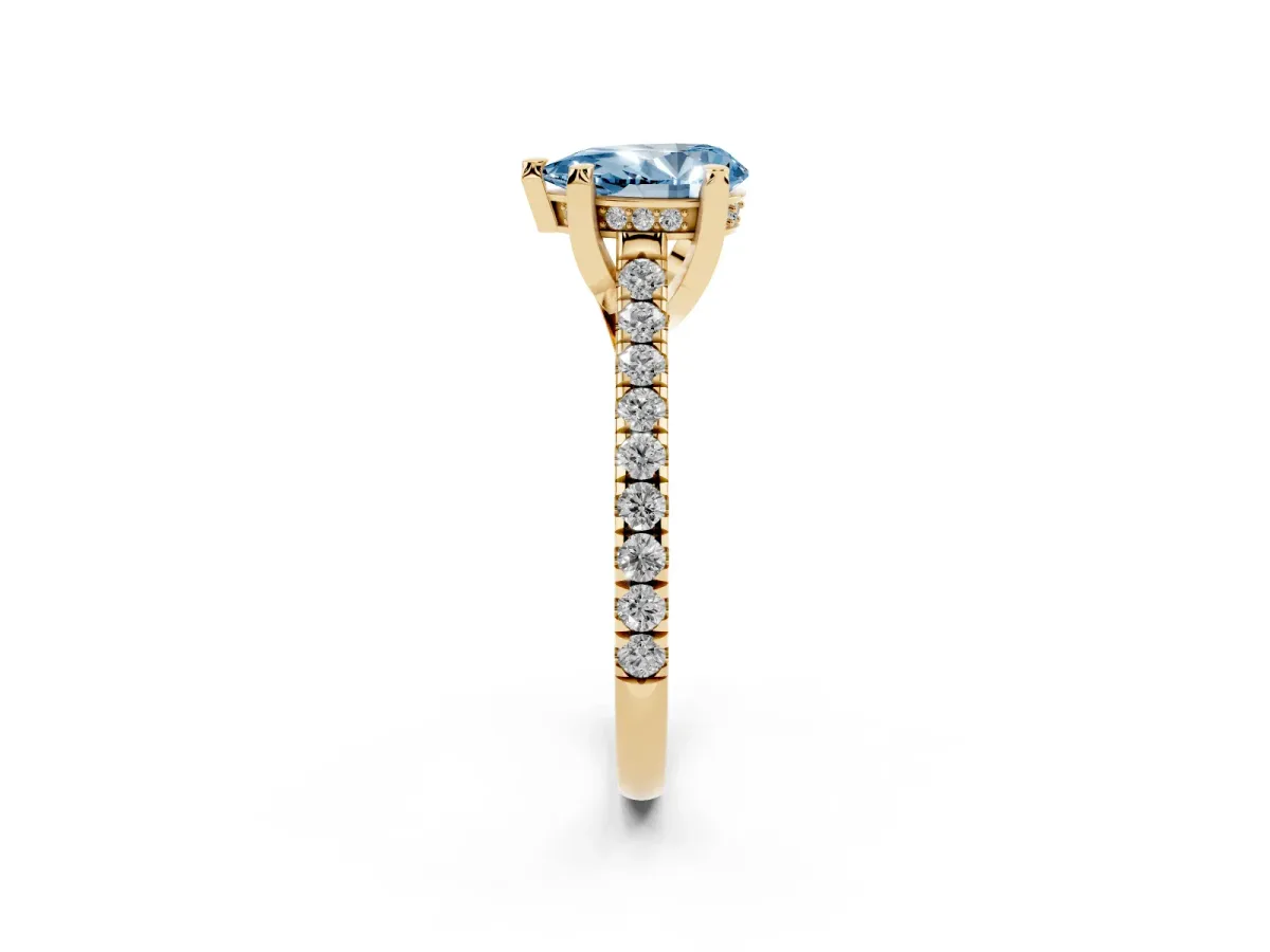 Fancy Blue Pear Cut Brilliant Diamond Solitaire with Pavé Band and Four-Prong Setting Yellow gold