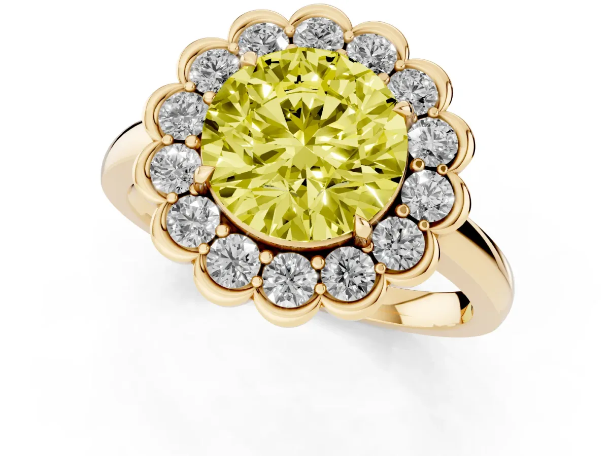 Fancy Yellow Round Cut Halo Cluster Diamond Engagement Ring with Solitaire Band and Prong Setting Yellow gold