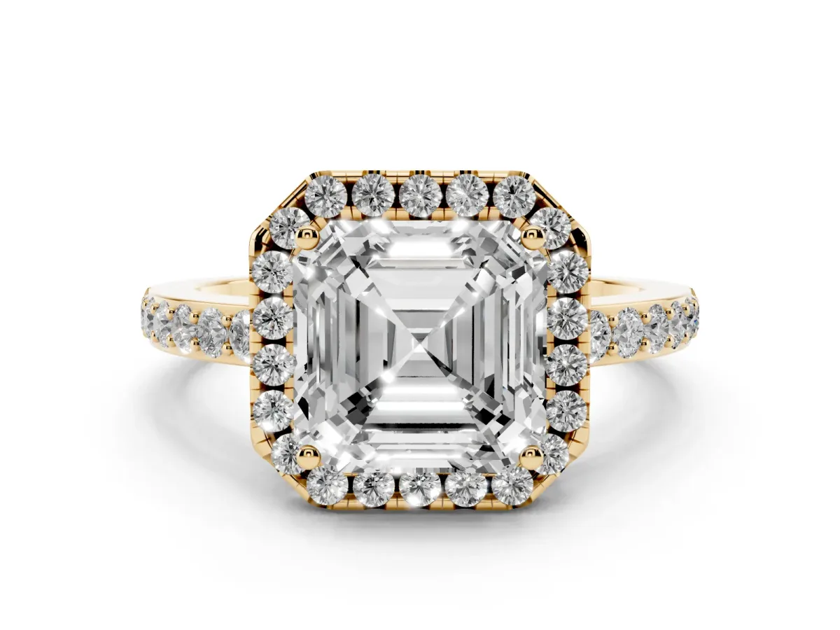 Asscher Cut Halo Diamond Pavé Band Ring with Prong Setting Yellow gold