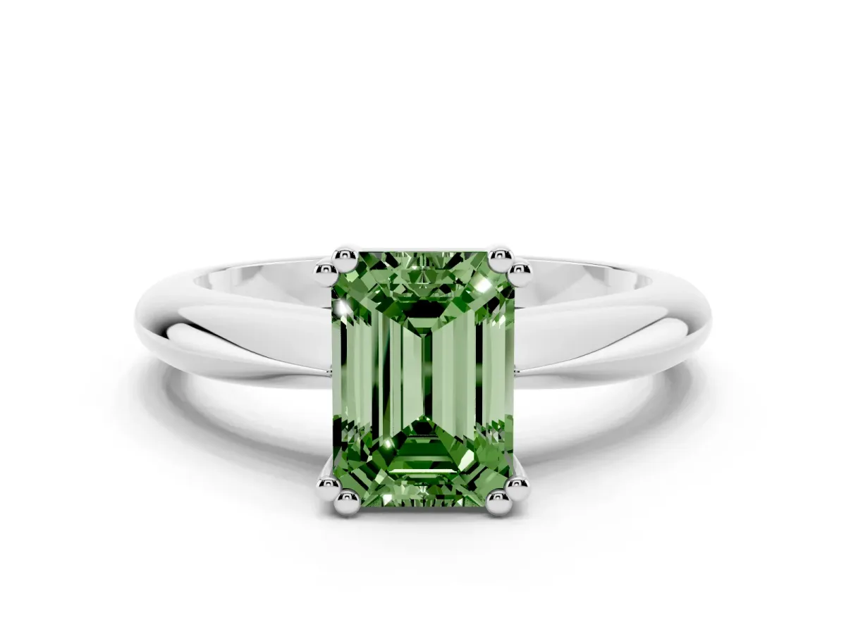 Fancy Green Emerald Cut Cut Solitaire Engagement Ring with Tapered Band and Four-Prong Setting White gold