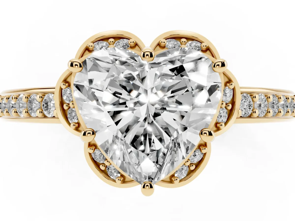 Heart Cut Cut Halo Diamond Ring with Channel Set Band and Four-Prong Setting Yellow gold