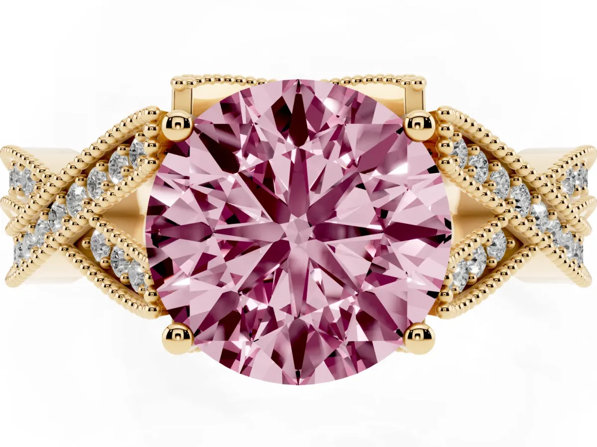 Fancy Pink Round Cut Cut Diamond Twisted Band with Milgrain Pave Setting and Four-Prong Setting Yellow gold