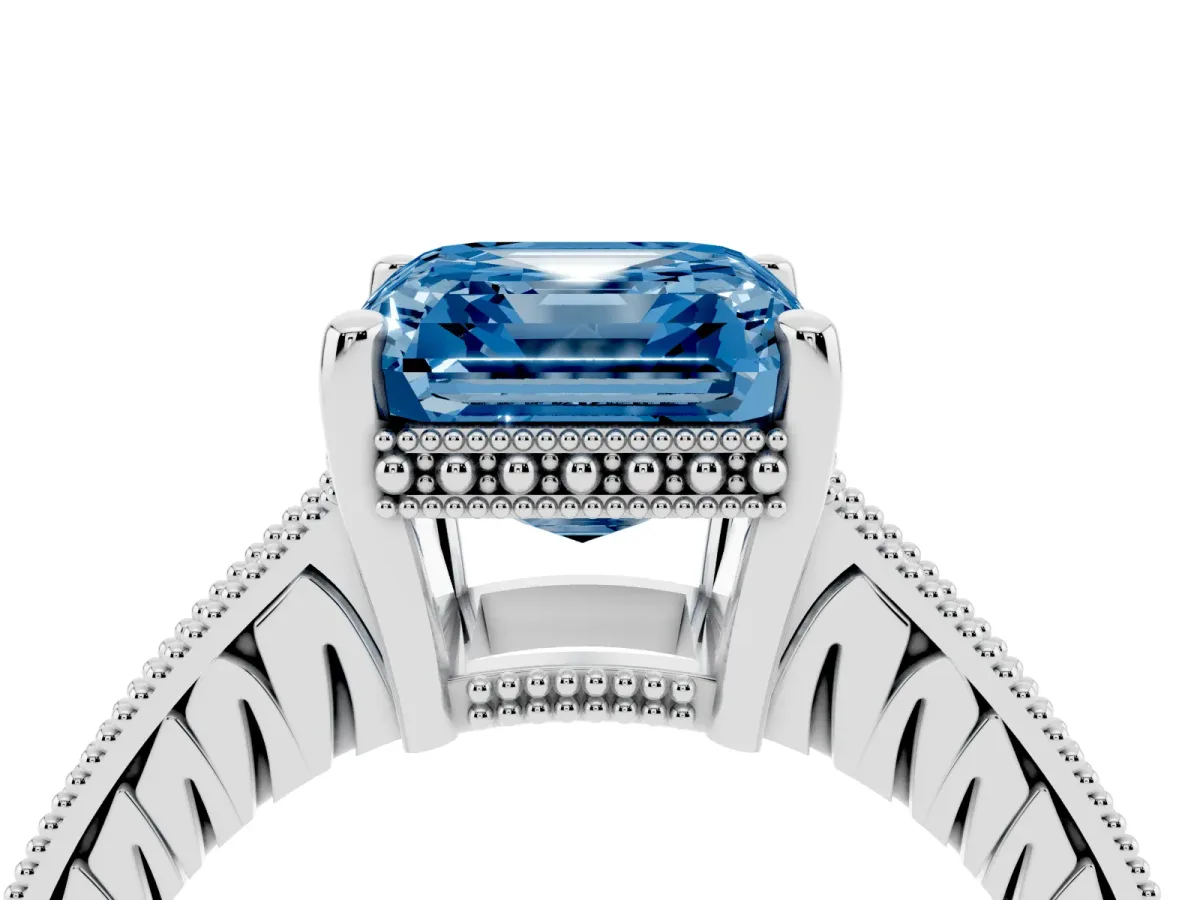 Fancy Blue Asscher Cut Solitaire Pavé Diamond Milgrain Engagement Ring with Four-Prong Setting Silver