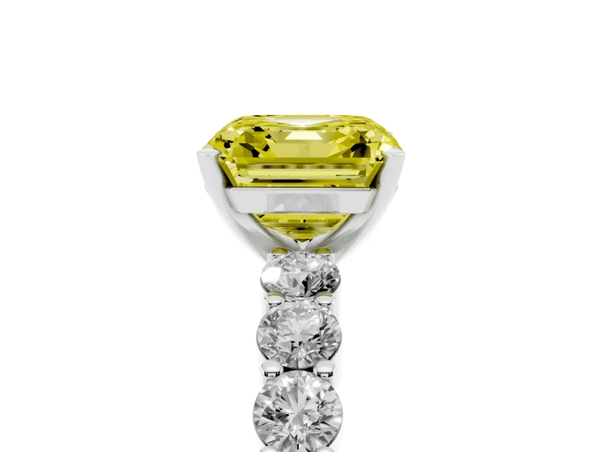 Fancy Yellow Asscher Cut Diamond Solitaire Ring with Shared Prong Round Side Stones White gold