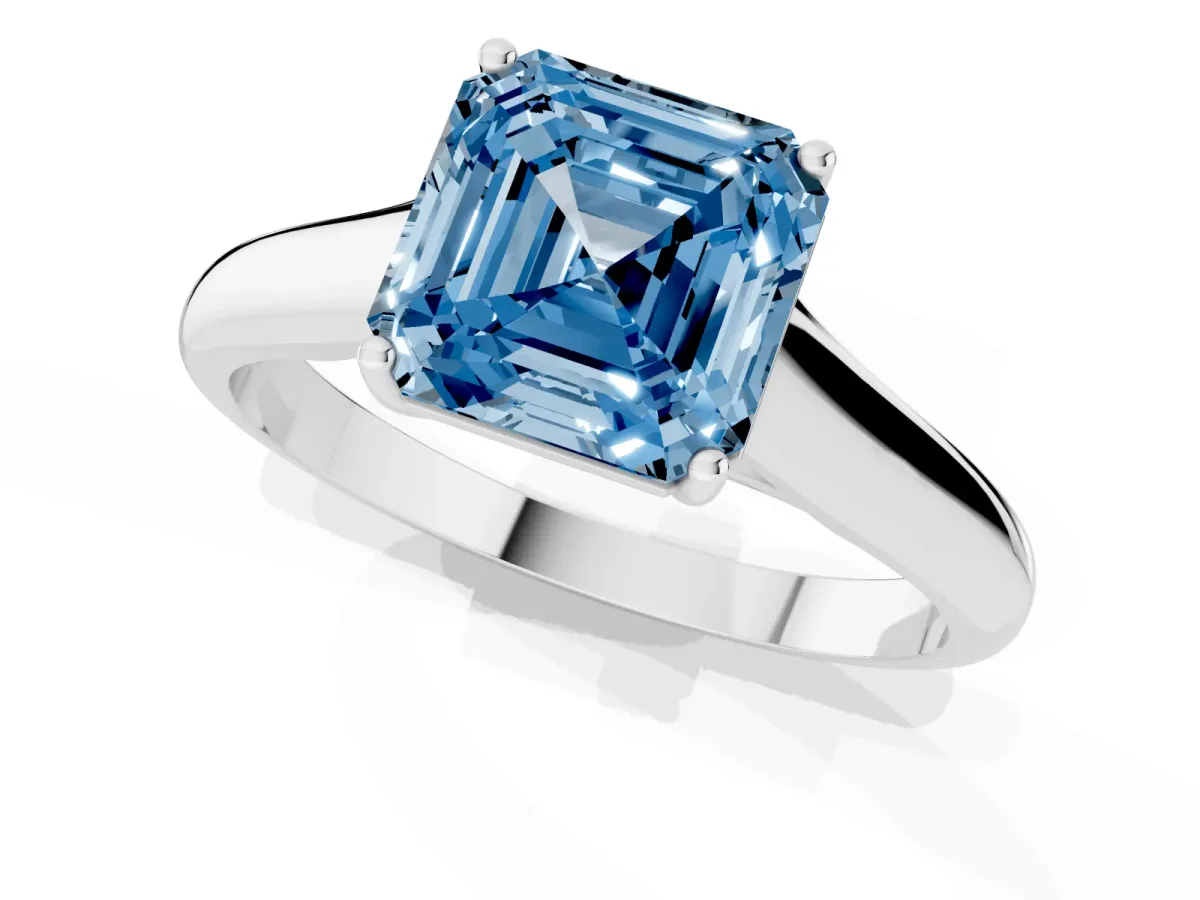 Fancy Blue Asscher Cut Solitaire Engagement Ring with Tapered Band and Four-Prong Setting Silver