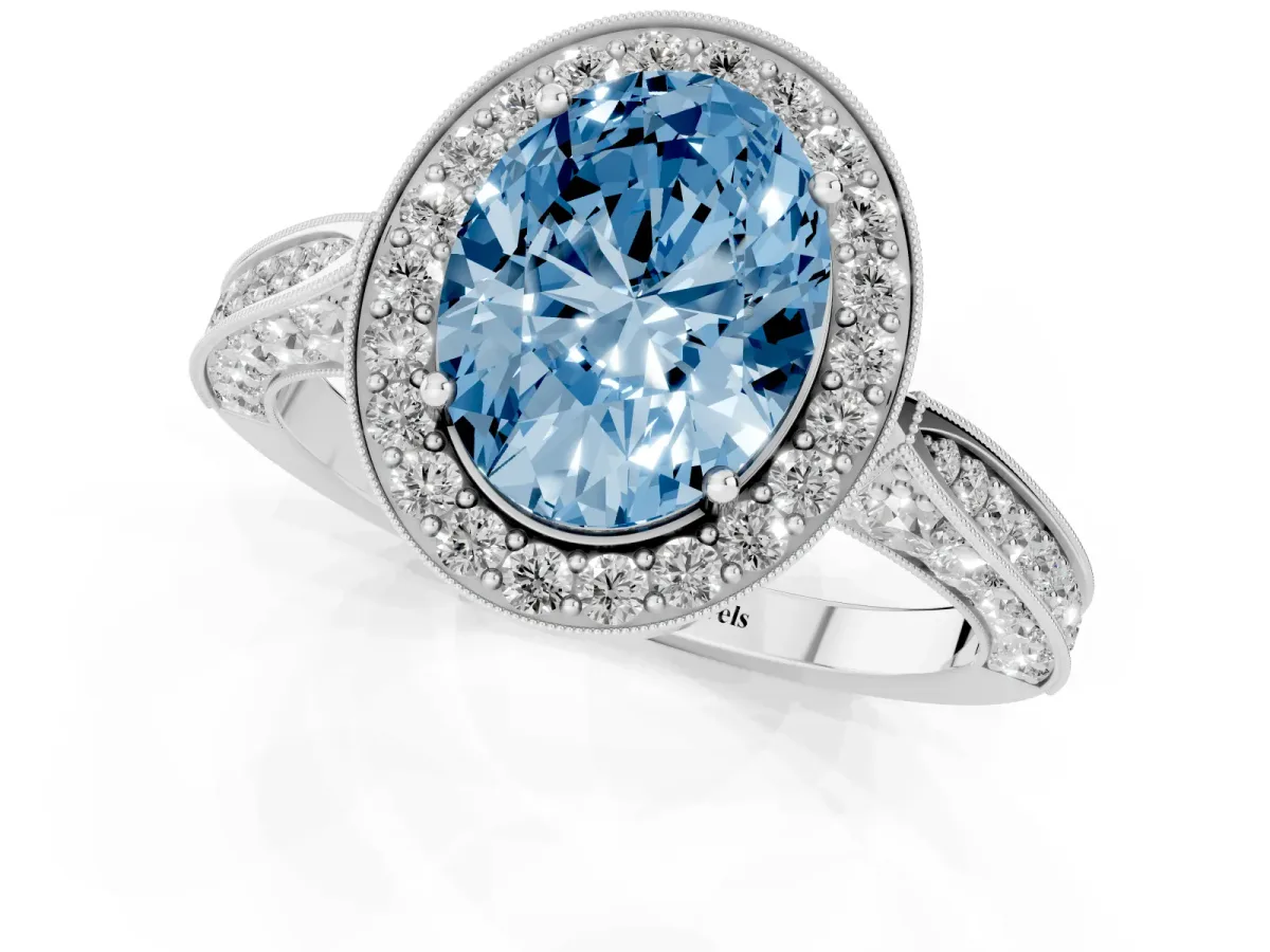 Fancy Blue Oval Cut Halo Diamond Engagement Ring with Split Shank Band and Four-Prong Setting Silver