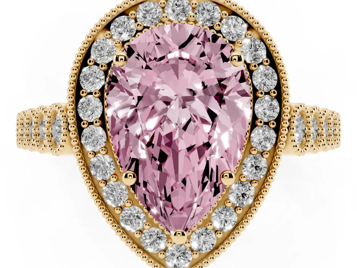Fancy Pink Pear Cut Halo Twist Band Solitaire Ring with Six-Prong Setting Yellow gold