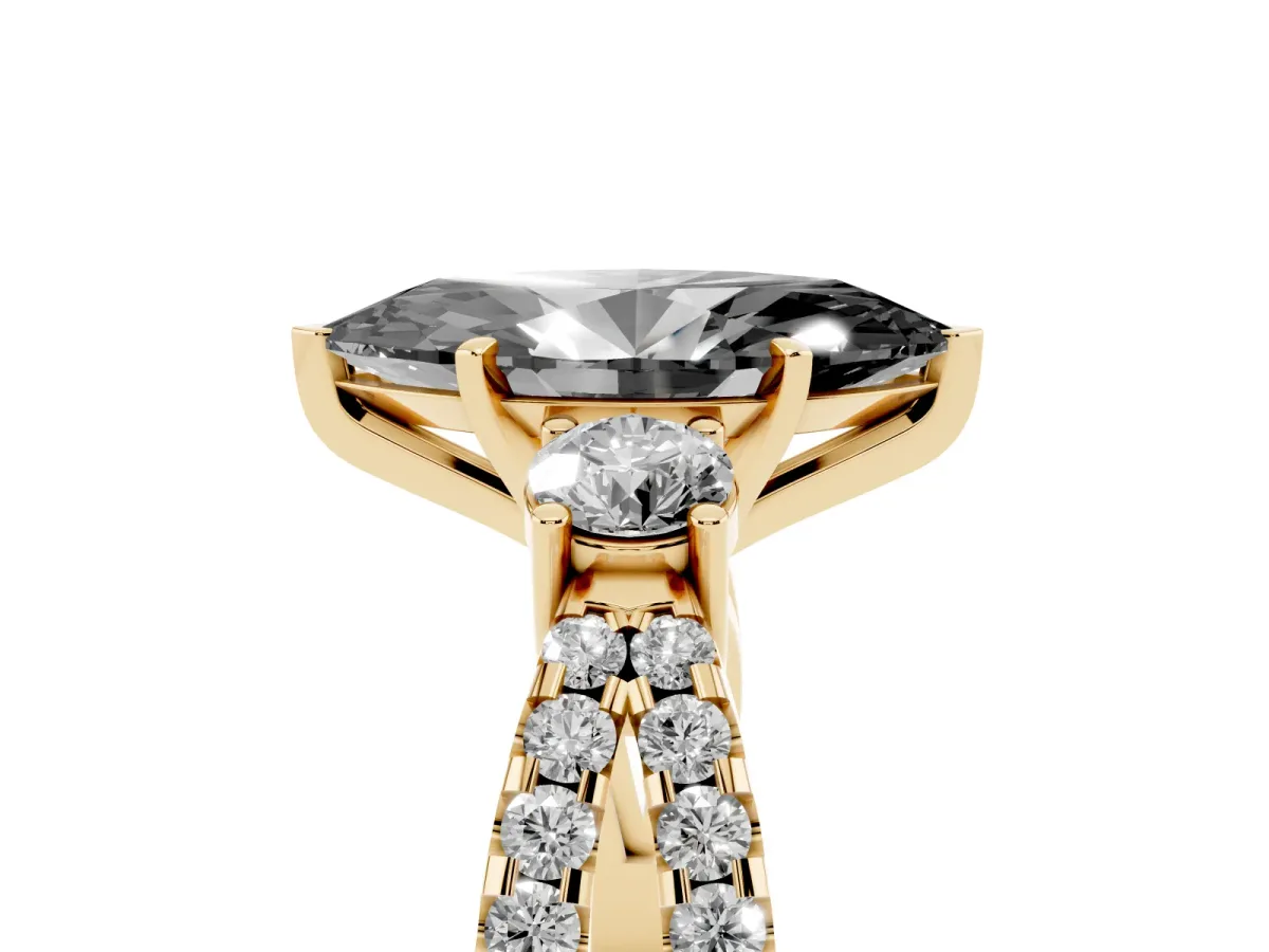 Fancy Black Marquise Cut Diamond Three-Stone Ring with Pavé Split Shank and Four-Prong Setting Yellow gold
