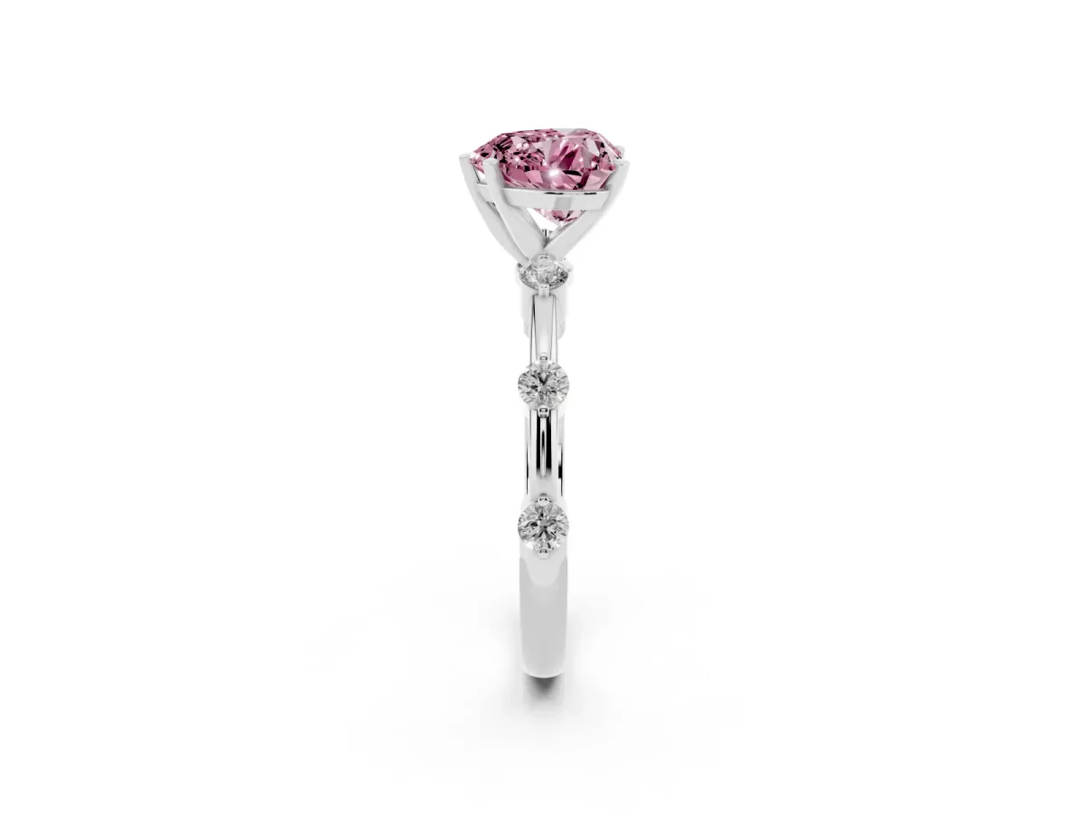 Fancy Pink Heart Cut Solitaire Diamond Ring with Bezel Set Side Stones and Prong Setting Silver