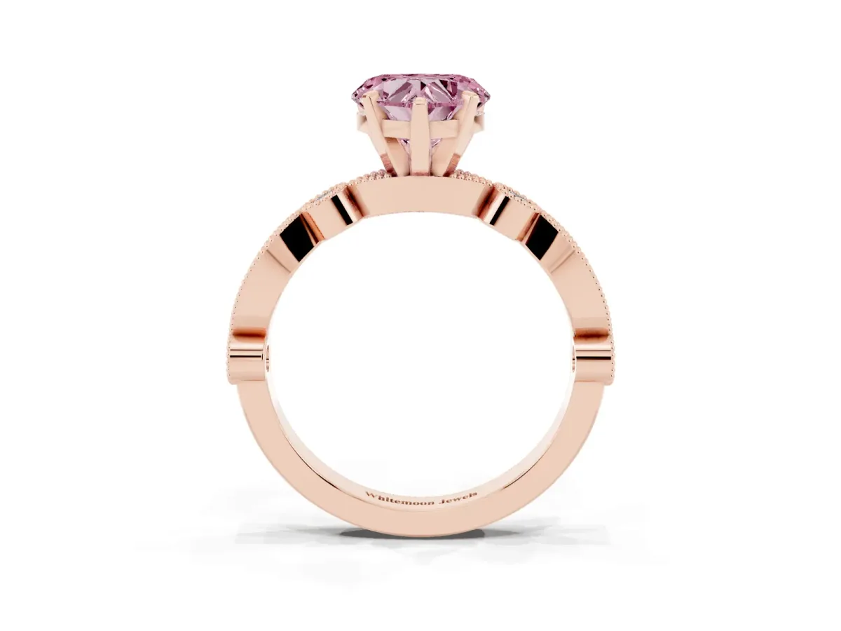 Fancy Pink Heart Cut Milgrain Bezel Diamond Engagement Ring with Solitaire Prong Setting Rose gold
