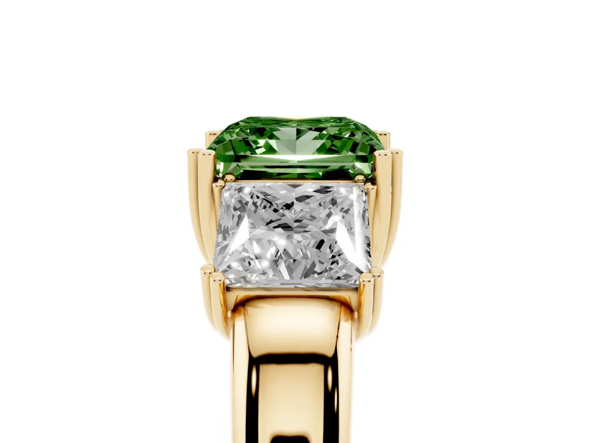 Fancy Green Three-Stone Princess Cut Cut Diamond Ring with Channel Set Band and Four-Prong Setting Yellow gold