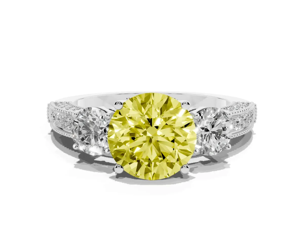 Fancy Yellow Round Cut Three-Stone Diamond Ring with Pavé Band and Four-Prong Setting Silver