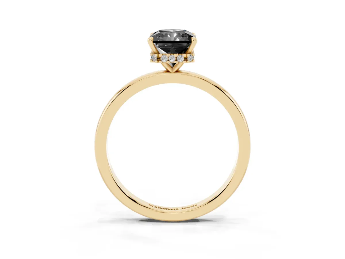 Fancy Black Radiant Cut Solitaire Engagement Ring with Cathedral Band and Four-Prong Setting Yellow gold