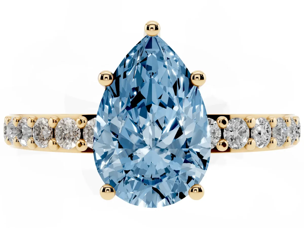 Fancy Blue Pear Cut Cut Diamond Solitaire with Pave Band and Four-Prong Setting Yellow gold