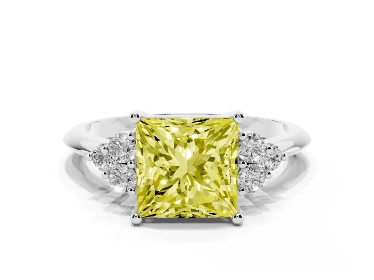Fancy Yellow Princess Cut Cut Diamond Cluster Ring with Solitaire Band and Four-Prong Setting Platinum