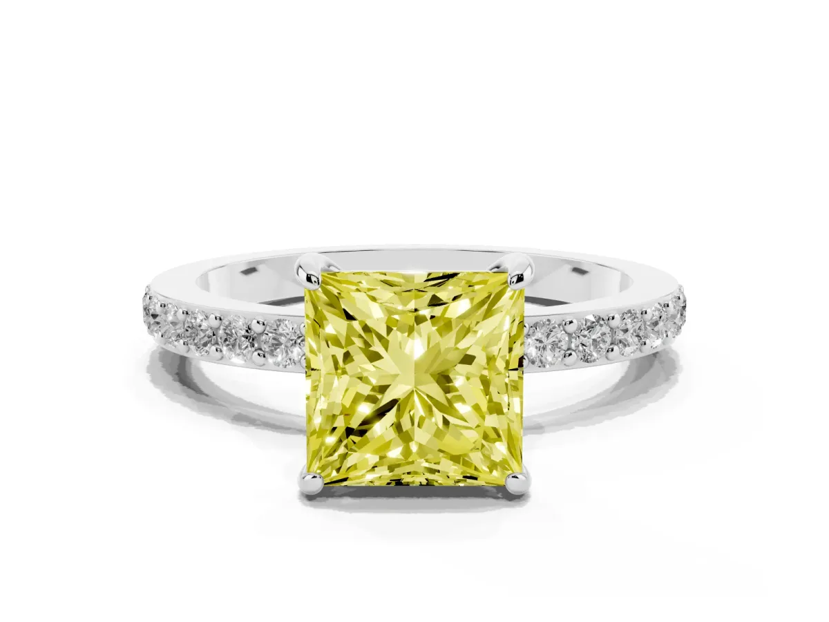 Fancy Yellow Princess Cut Diamond Solitaire Engagement Ring with Pavé Band and Four-Prong Setting Silver