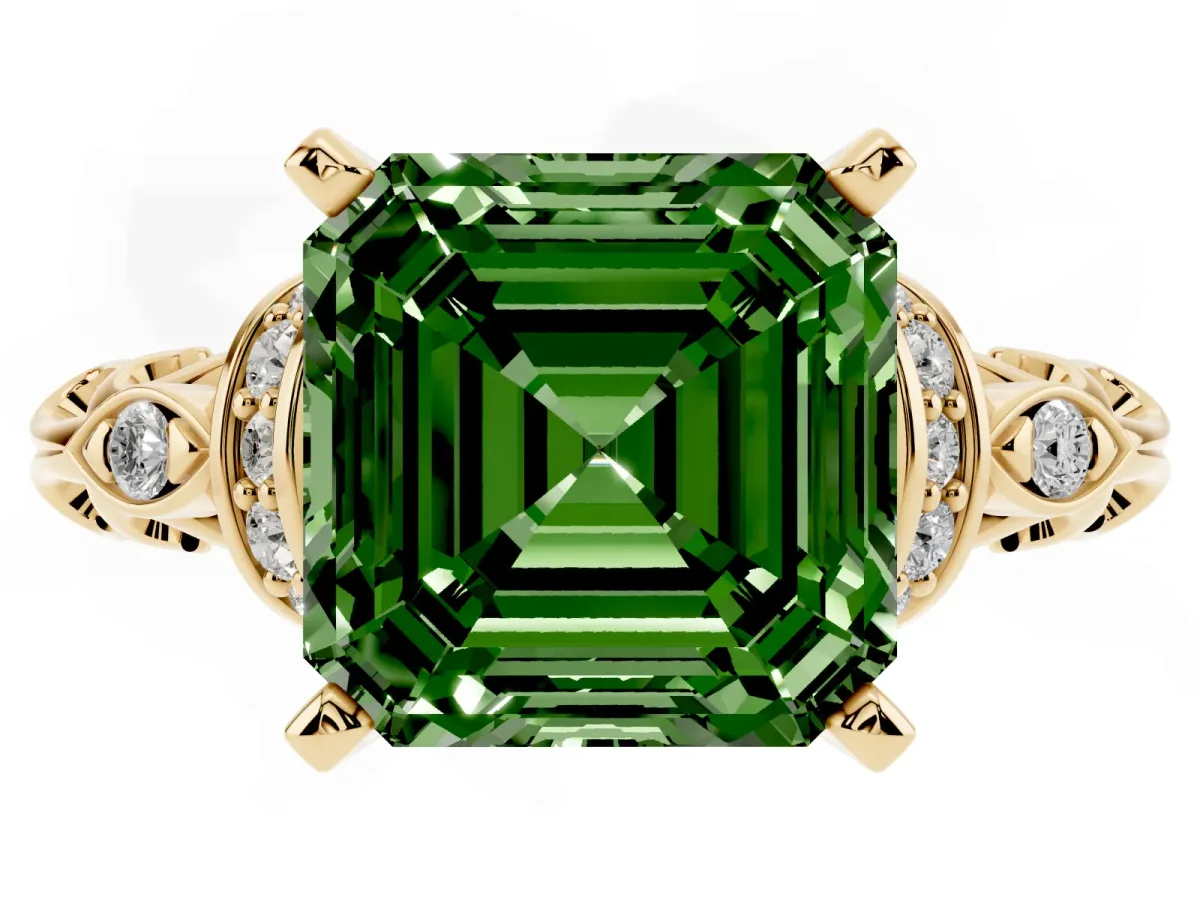 Fancy Green Asscher Cut Diamond Solitaire Ring with Filigree Band and Four-Prong Setting Yellow gold