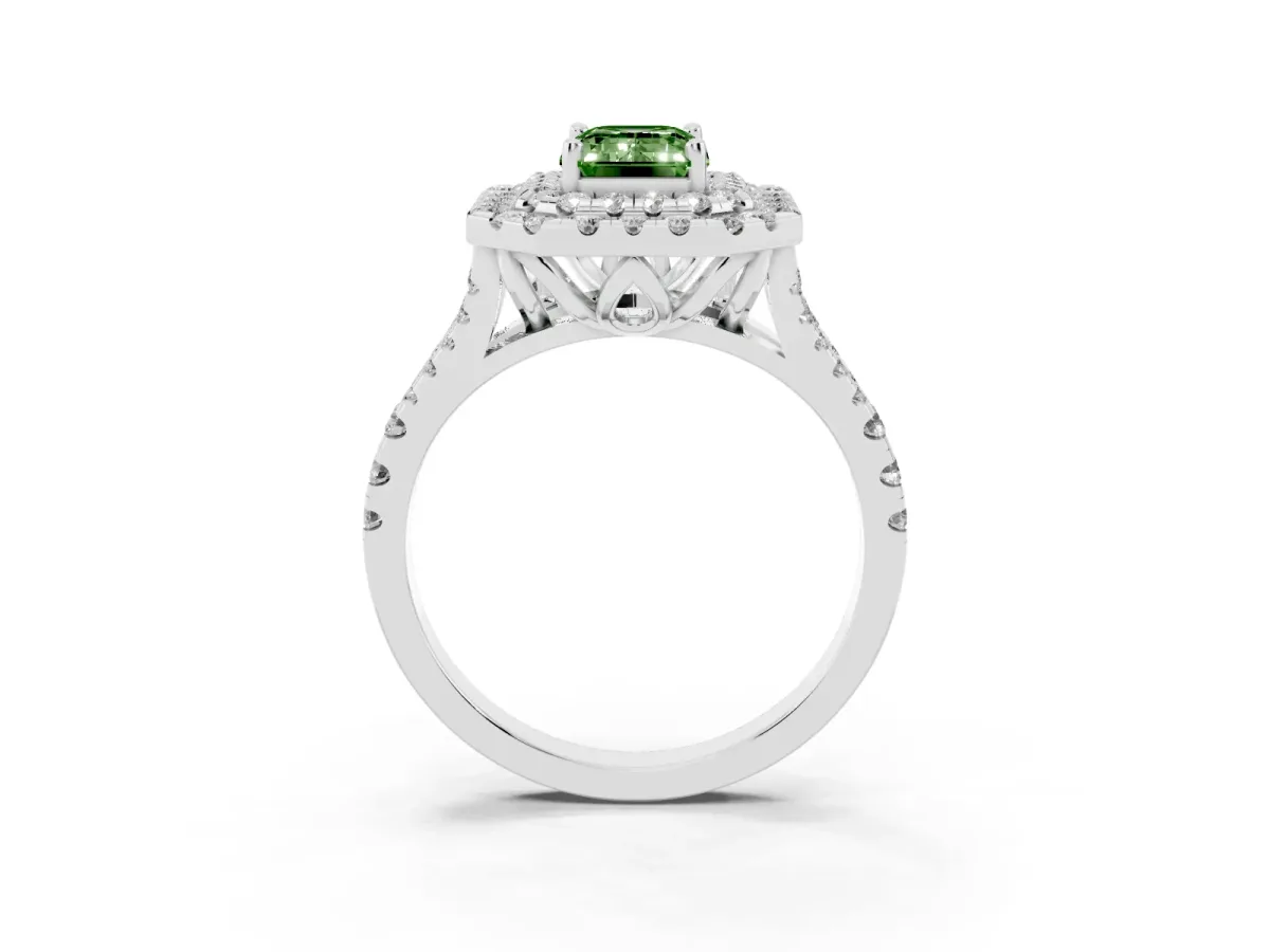 Fancy Green Double Halo Emerald Cut Diamond Pavé Split Shank Ring with Prong Setting White gold