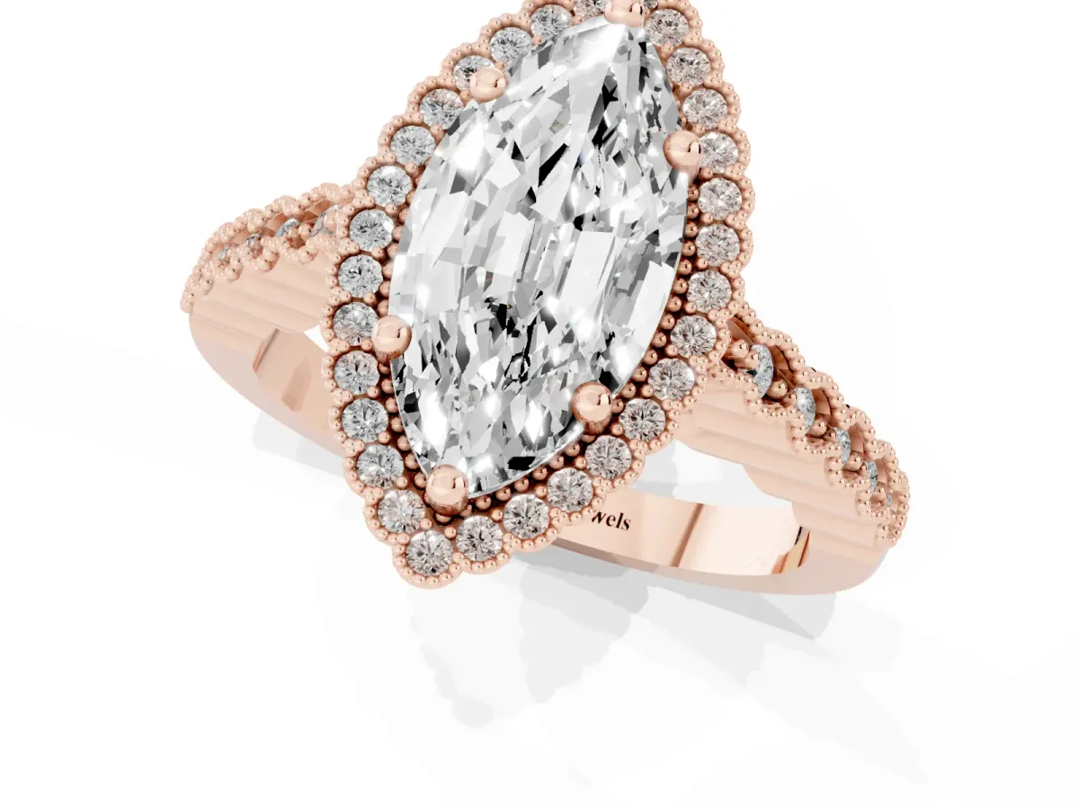 Marquise Cut Cut Halo Pavé Solitaire Ring with Milgrain Band Rose gold
