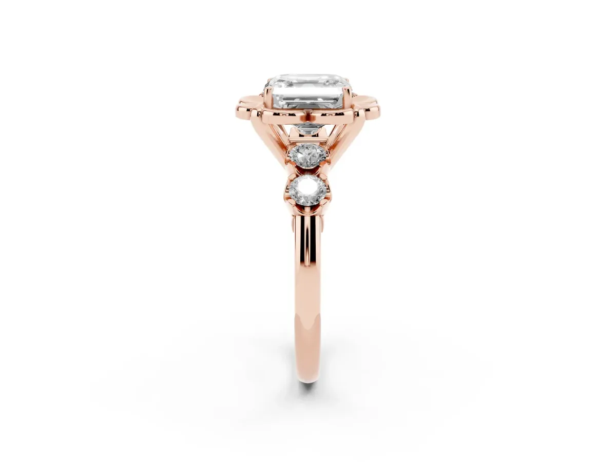 Asscher Cut Cut Diamond Floral Halo Engagement Ring with Shared Prong Setting Rose gold