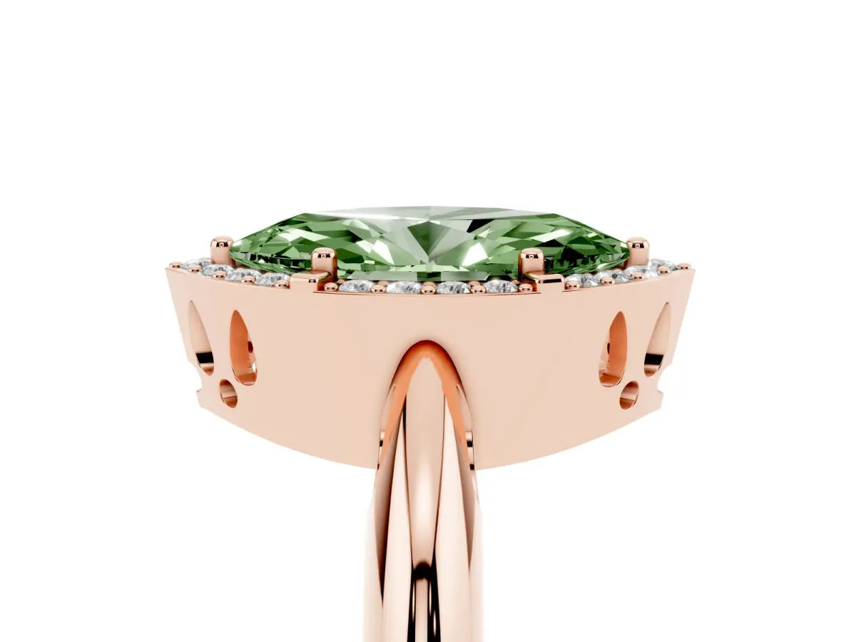Fancy Green Marquise Cut Cut Diamond Halo Engagement Ring with Split Shank and Four-Prong Setting Rose gold