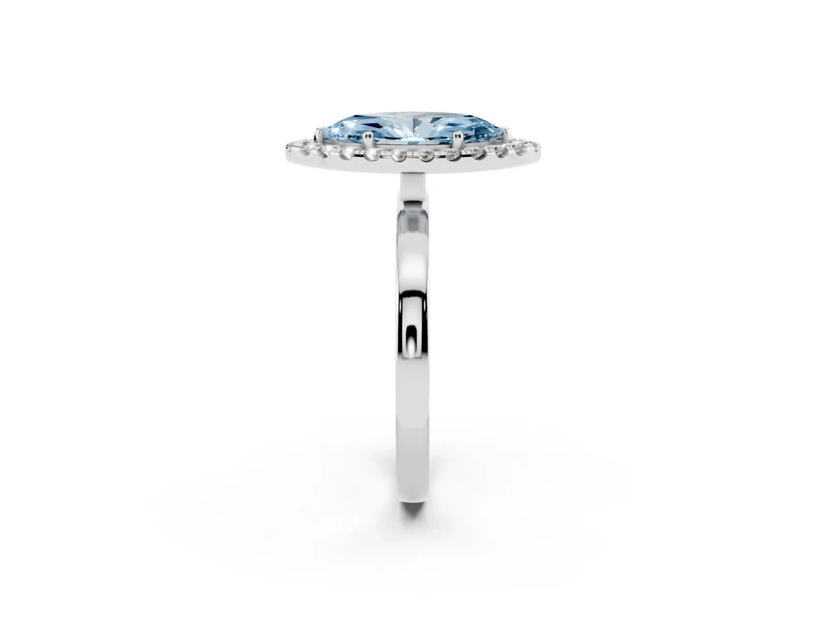 Fancy Blue Marquise Cut Halo Diamond Solitaire with Pavé Band and Four-Prong Setting White gold