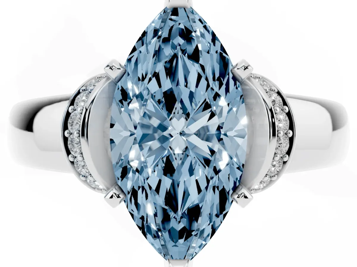 Fancy Blue Marquise Cut Solitaire Diamond Ring with Pave Band and Six-Prong Setting Silver