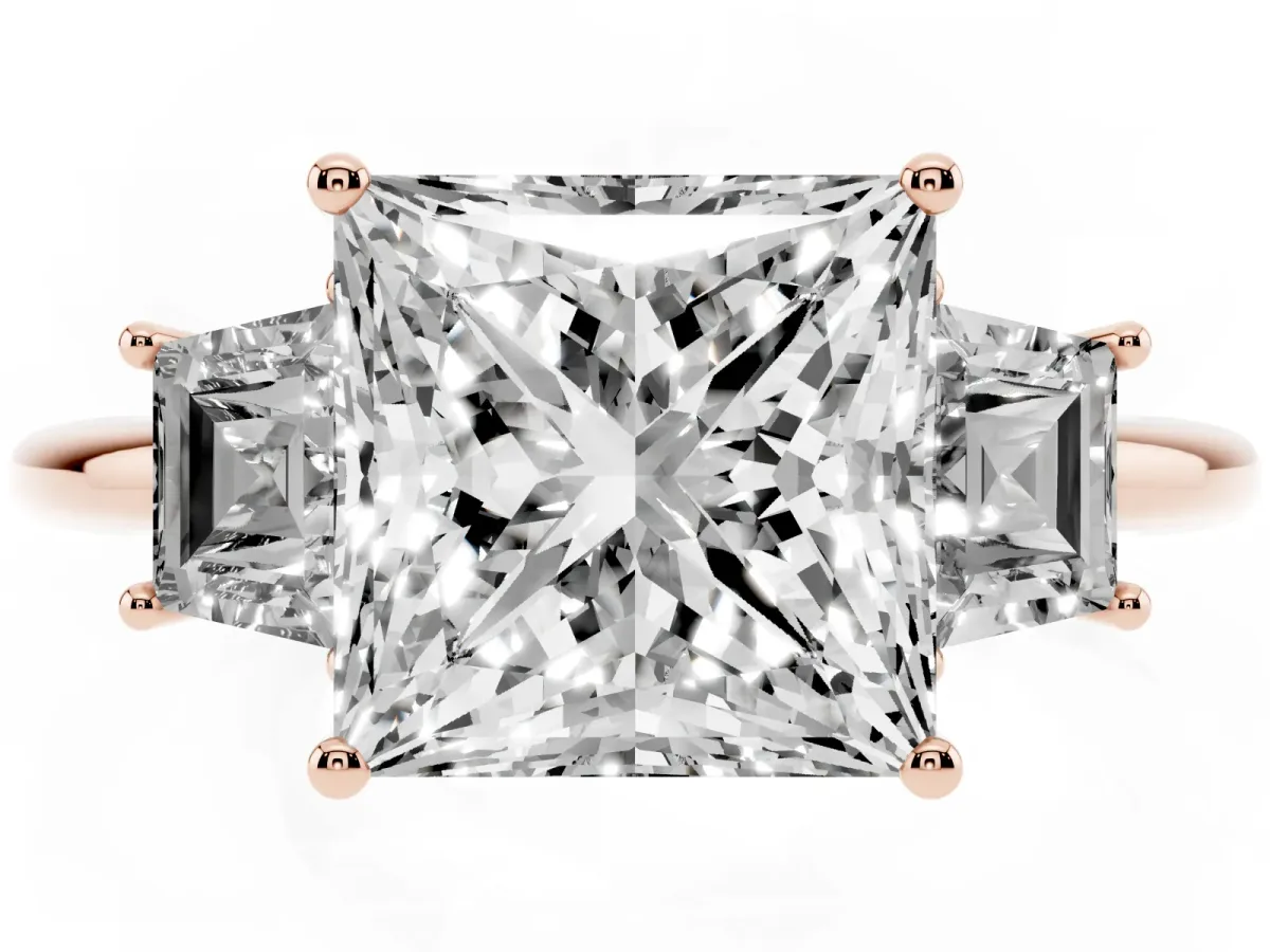 Princess Cut Diamond Three-Stone Ring with Trapezoid Side Stones and Prong Setting Rose gold