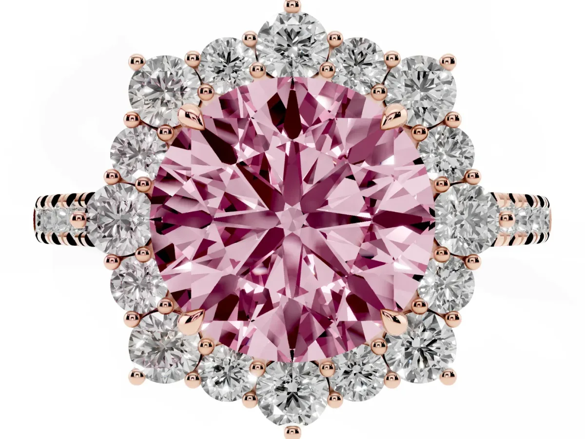 Fancy Pink Round Cut Halo Diamond Ring with Pavé Band and Prong Setting Rose gold