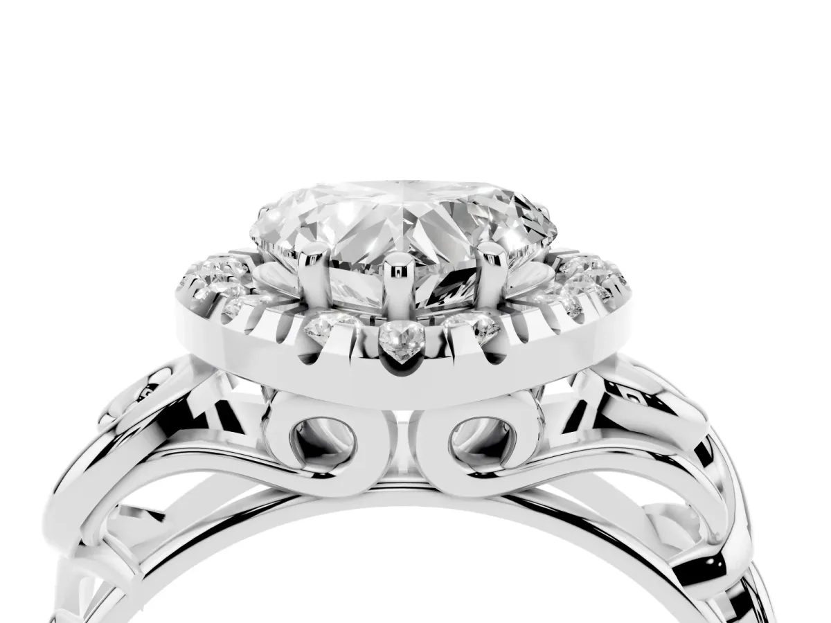 Heart Cut Cut Halo Diamond Ring with Scrollwork Band and Four-Prong Setting Platinum