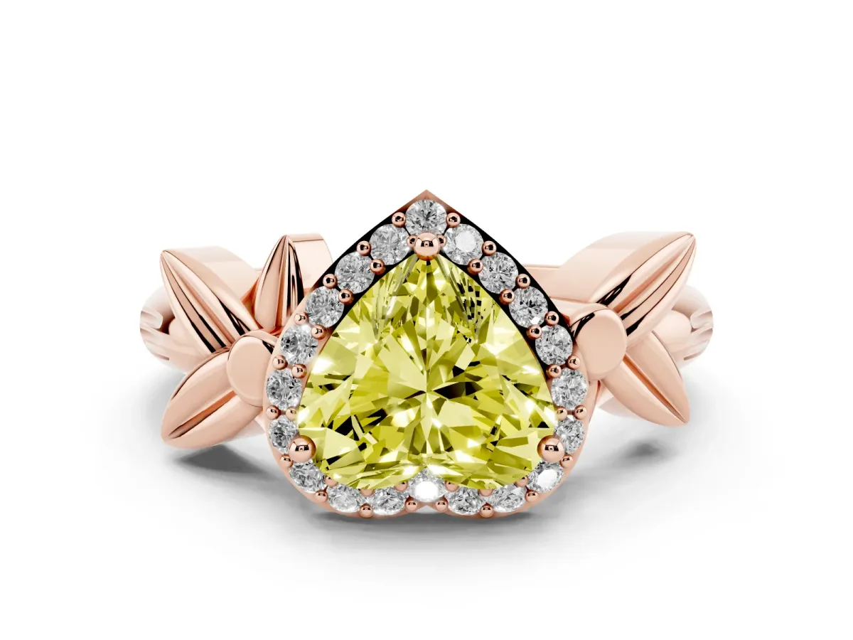 Fancy Yellow Heart Cut Halo Diamond Floral Band with Four-Prong Setting Rose gold