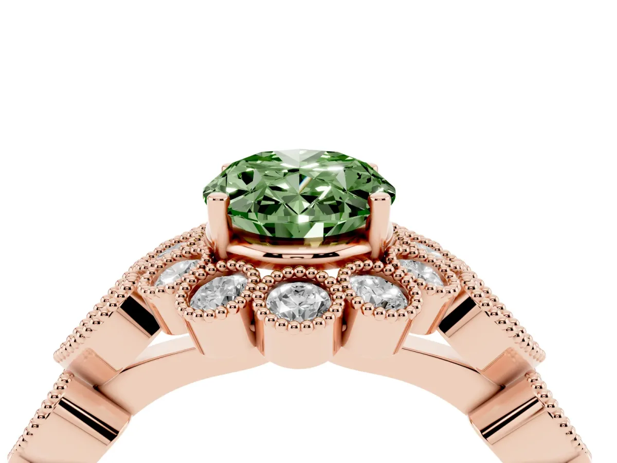 Fancy Green Oval Cut Brilliant Milgrain Pave Heart Band Solitaire Ring Rose gold