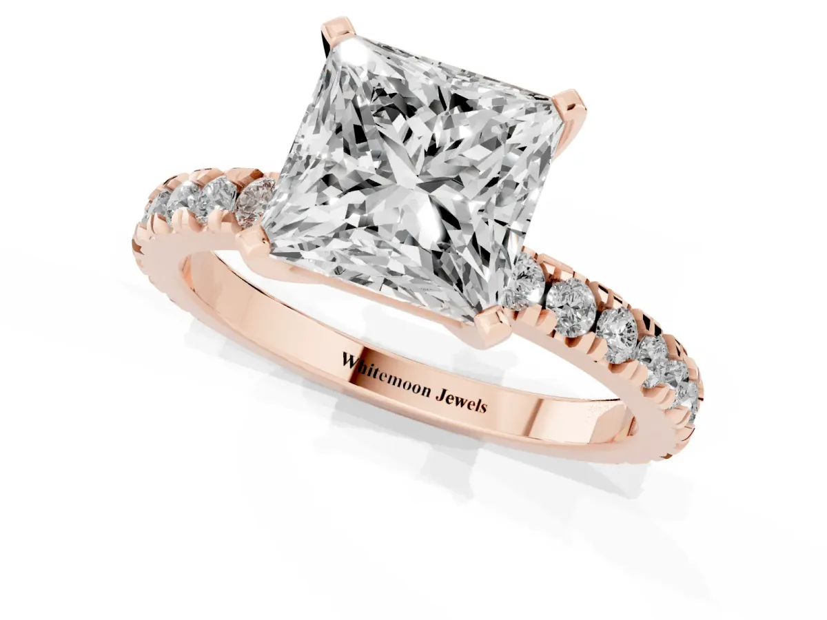 Princess Cut Diamond Pavé Band Solitaire with Four-Prong Setting Rose gold