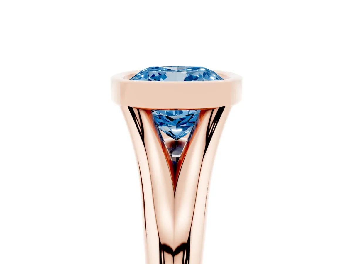 Fancy Blue Bezel Set Cushion Cut Solitaire Diamond Ring with Smooth Band Rose gold